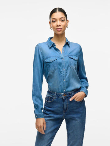 Vila - Camicia di Jeans Donna Medium Blue bista