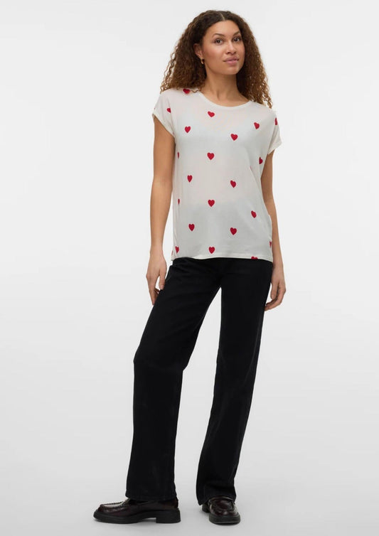 Vero Moda Women's Ava T-Shirt White Red Hearts