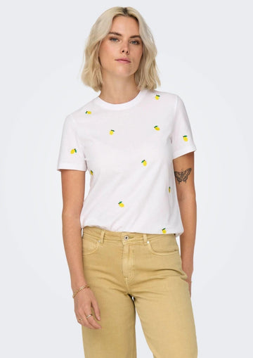 Only - T-Shirt Donna Ketty Bianca con Limoni
