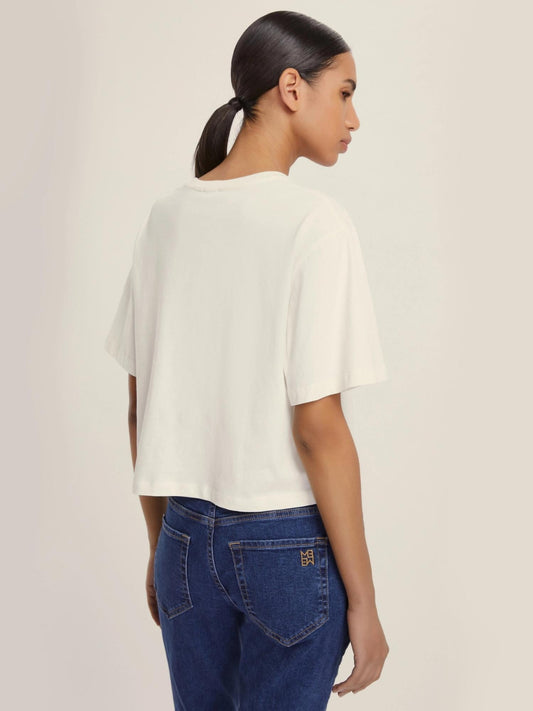 Emme Marella T-shirt Donna in jersey con cristalli Micaelabis Panna Argento