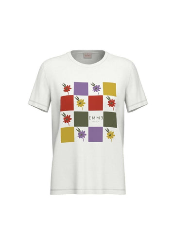 Emme Marella T-Shirt Donna Emmvenere Bianca Stampa Quadri Multicolor
