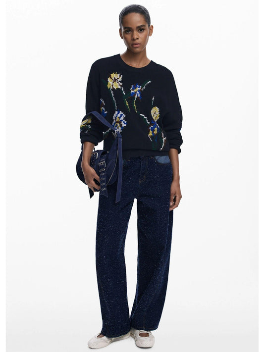 Maglione jacquard con fiori ricamati Donna Nero