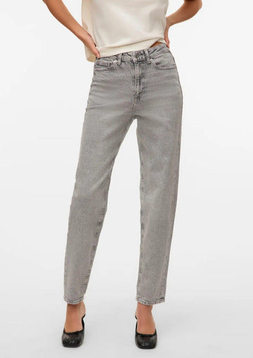 Vero Moda Jeans Donna Tessa A Vita Alta Mom Fit Grigio Chiaro Denim