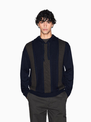 Maglione Uomo con cappuccio a blocchi Chocolate Melange Deep Navy