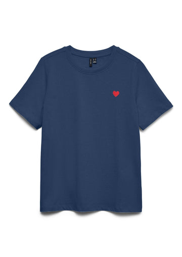 Vero Moda T-Shirt Donna Paulina Blu Denim Con Cuore Rosso