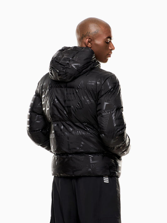Giacca Imbottita con Cappuccio Uomo Stampa Logo All-Over Nero