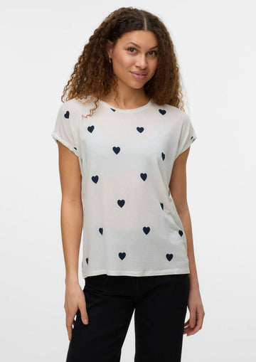 Vero Moda - T-Shirt Donna Ava Bianca Cuori Blu