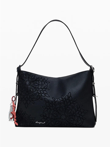 Borsa effetto pelle ricamata media Donna Nero