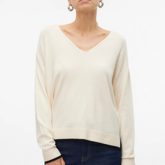 Vero Moda Maglione Donna Breeze Bianco Panna Con Dettagli Neri 10311090 Birch W. BLACK CONTRAST VERO MODA 