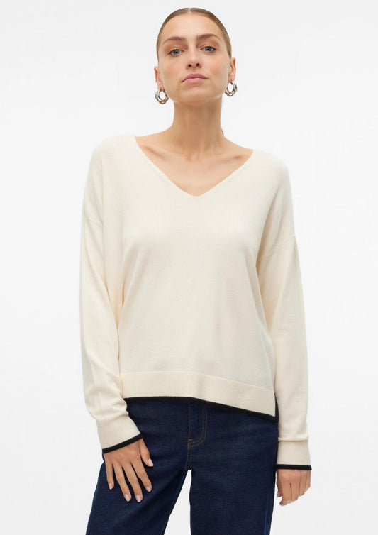 Vero Moda Maglione Donna Breeze Bianco Panna Con Dettagli Neri 10311090 Birch W. BLACK CONTRAST VERO MODA 