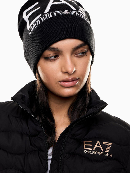 EA7 Emporio Armani Unisex Visibility Beanie With Maxi Logo EA7 Black White Logo