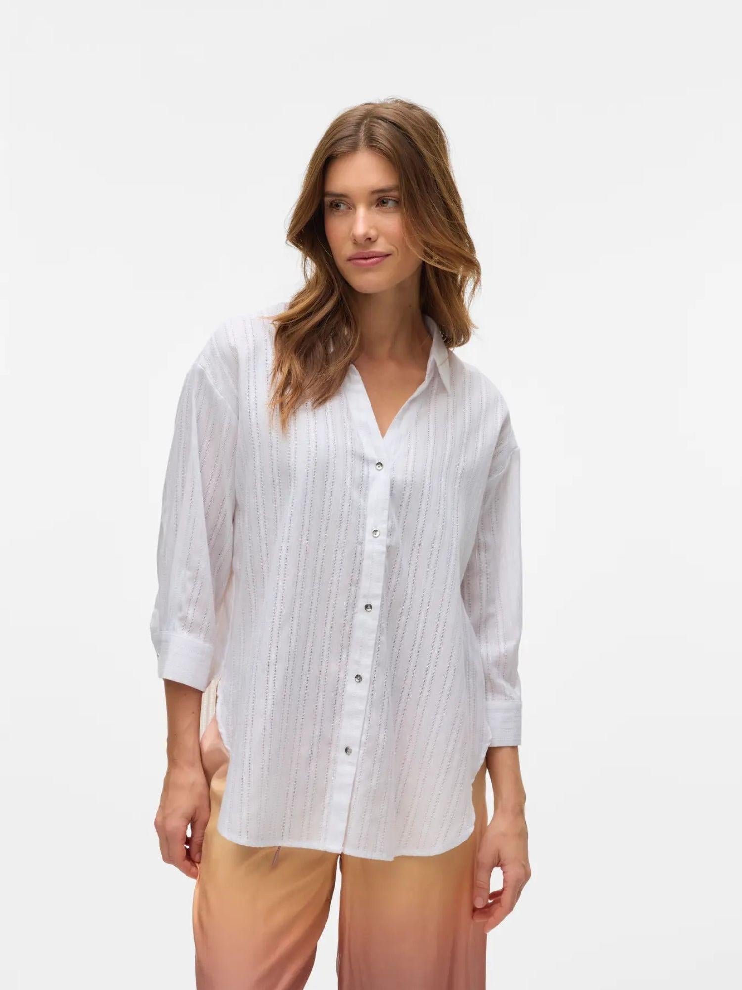 Vero Moda Camicia Donna VMOLLA Maniche 3/4 Bright White con Filo Lurex Argento 10329382 Bright White VERO MODA 