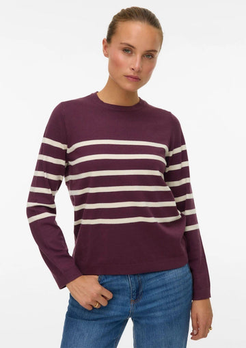 Vero Moda Women's Saba Sweater in Burgundy and White Stripes
