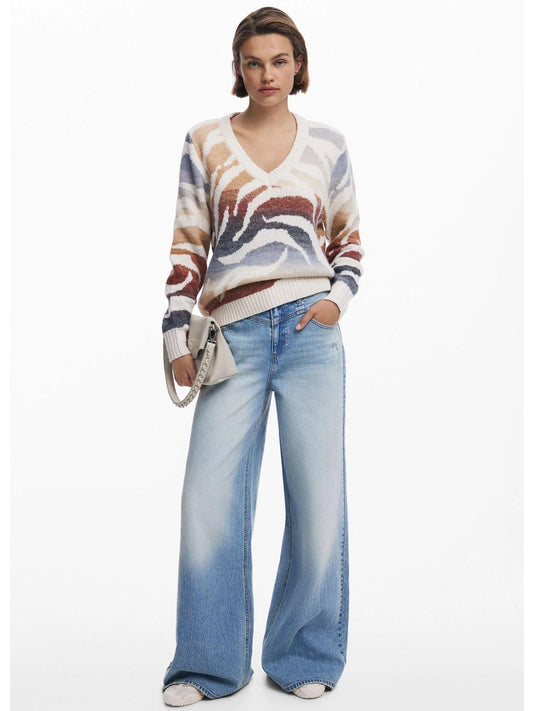Desigual Maglione zebrato con scollo a V Donna Bianco