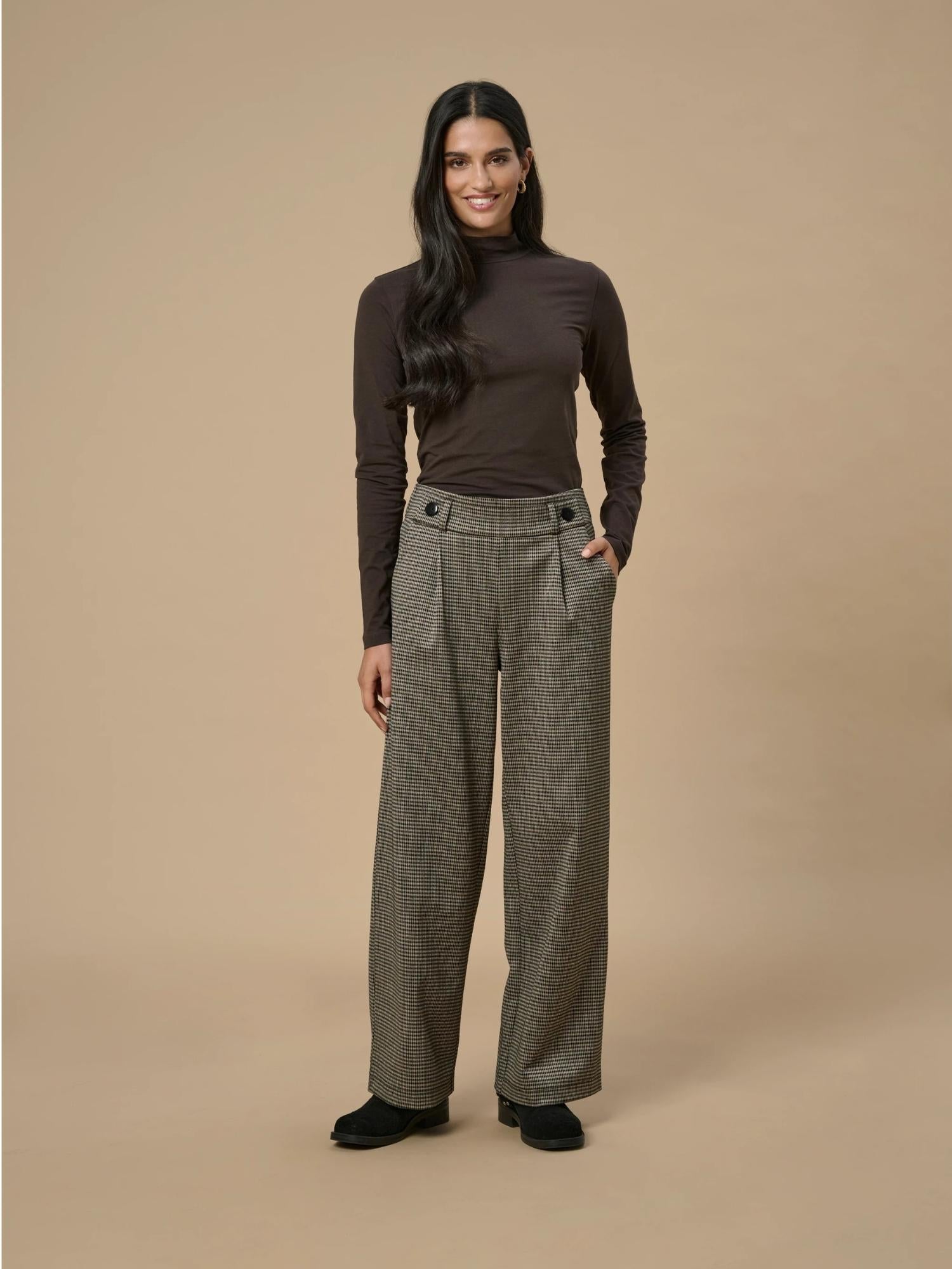Jacqueline De Yong JDYGEGGO Wide Leg Fit Pantaloni Donna Cobblestone 15242797 Cobblestone MINI CHECK JACQUELINE DE YONG 