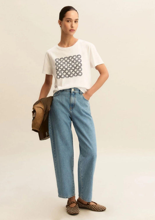 Emme Marella Women's White T-Shirt Blue Geometric Print