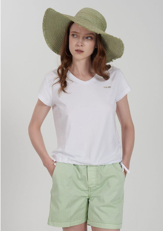Yes Zee - Women's V-Neck T-Shirt with Drawstring Hem Chalk White