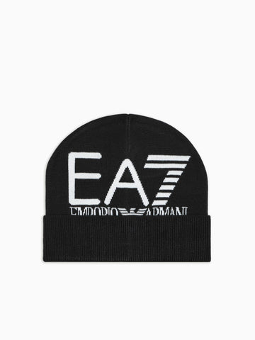 EA7 Emporio Armani Beanie Visibility con maxi logo EA7 Nero Logo Bianco