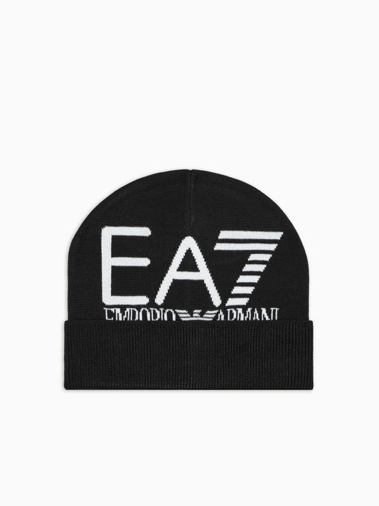 EA7 Emporio Armani Beanie Visibility con maxi logo EA7 Nero Logo Bianco