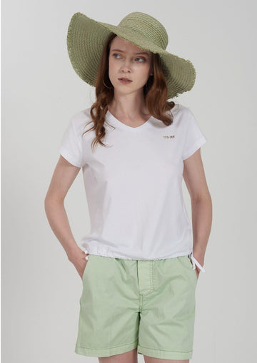 Yes Zee - T-Shirt Donna Scollo a V Coulisse Sul Fondo Bianco Gesso
