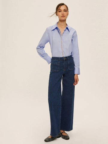 Emme Marella Women's Valda Light Blue Poplin Shirt with Pearl and Rhinestone Details