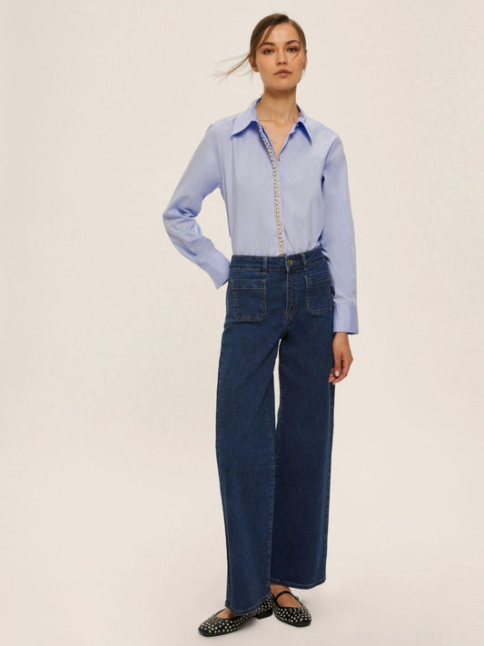 Emme Marella Valda Women's Poplin Shirt with Pearl and Rhinestone Details, Light Blue