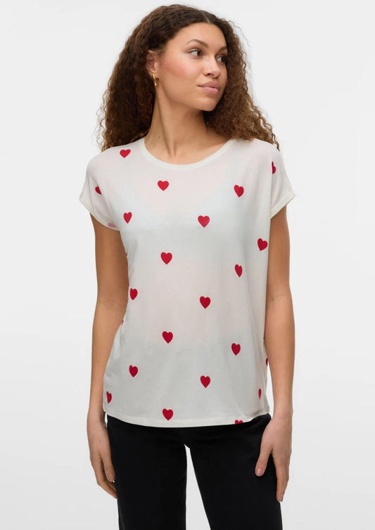 Vero Moda Women's Ava T-Shirt White Red Hearts