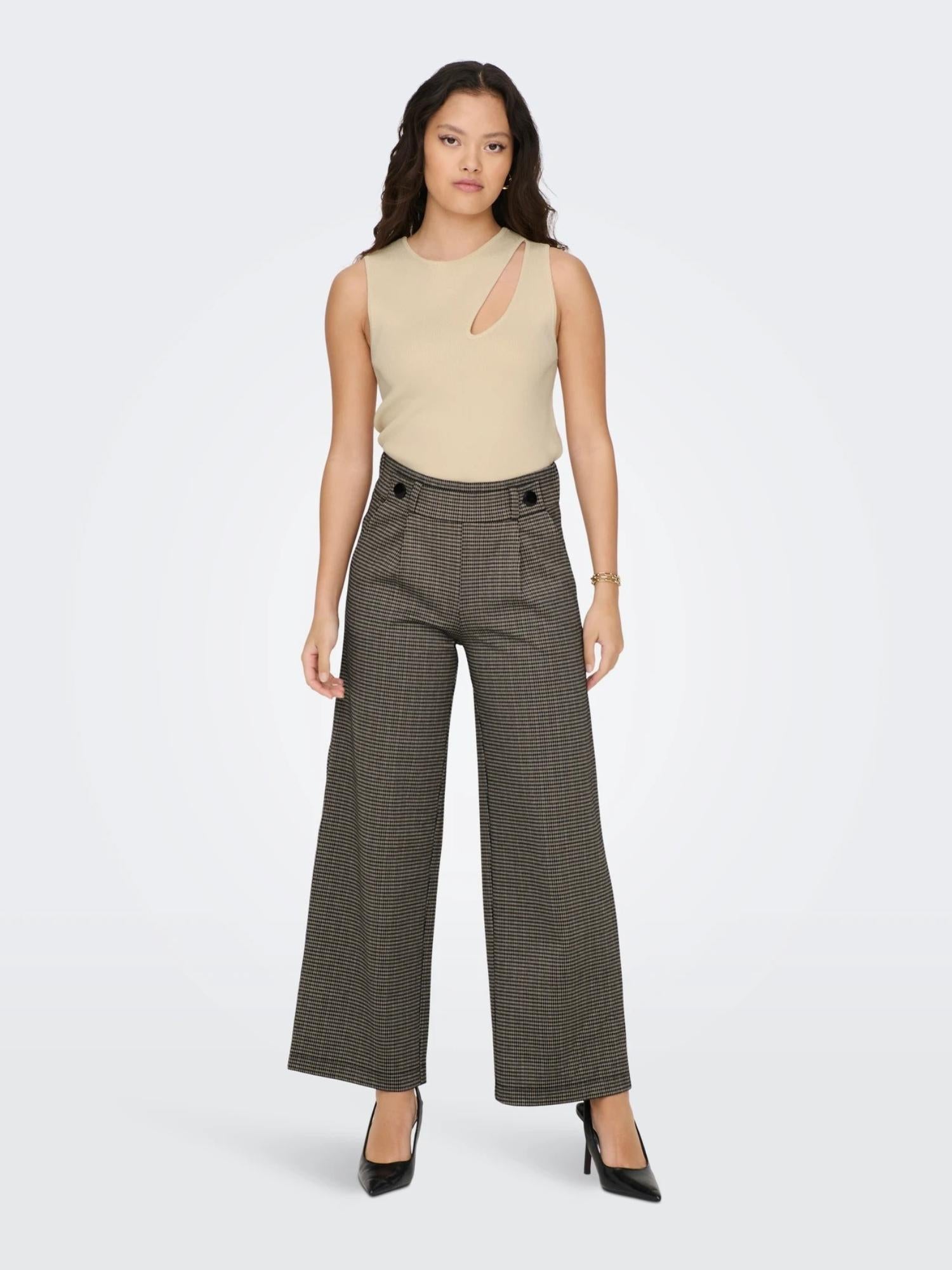 Jacqueline De Yong JDYGEGGO Wide Leg Fit Pantaloni Donna Cobblestone 15242797 Cobblestone MINI CHECK JACQUELINE DE YONG 