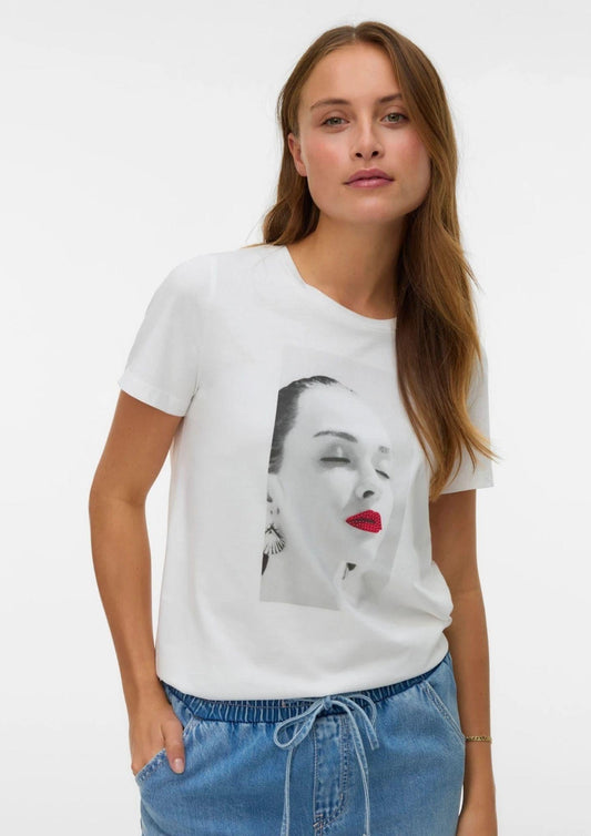 Vero Moda - Maglia Donna Jamaica Bianco con Stampa Lips