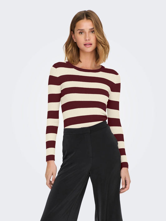 Jacqueline De Yong Women's Sweater Plum Cabernet Eggnog Stripes