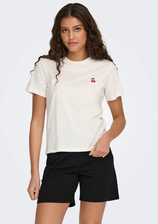 Jacqueline De Yong - T-Shirt Donna Pisa Bianca con Ciliegia