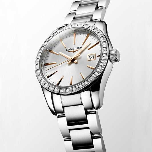 Longines orologio Conquest Classic 29,5mm argento diamanti quarzo acciaio L2.286.0.72.6
