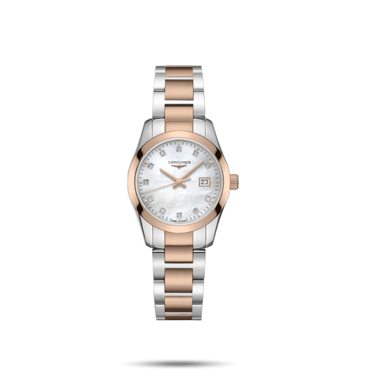Longines orologio Conquest Classic 29,5mm madreperla diamanti quarzo acciaio finitura PVD oro rosa L2.286.3.87.7
