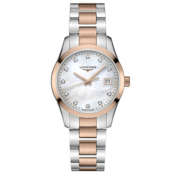 Longines orologio Conquest Classic 34mm madreperla diamanti quarzo acciaio finitura PVD oro rosa L2.386.3.87.7