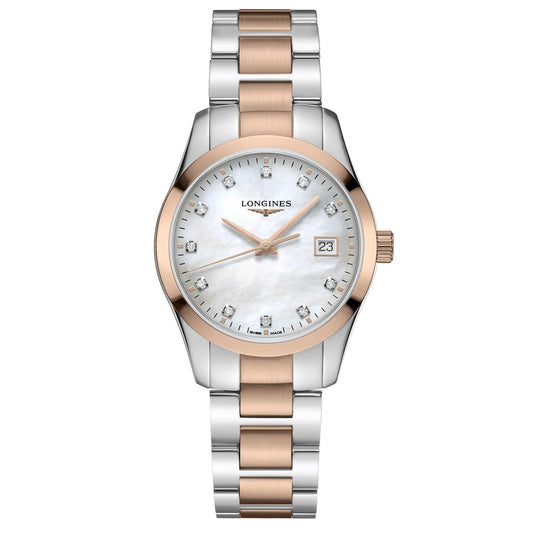 Longines orologio Conquest Classic 34mm madreperla diamanti quarzo acciaio finitura PVD oro rosa L2.386.3.87.7
