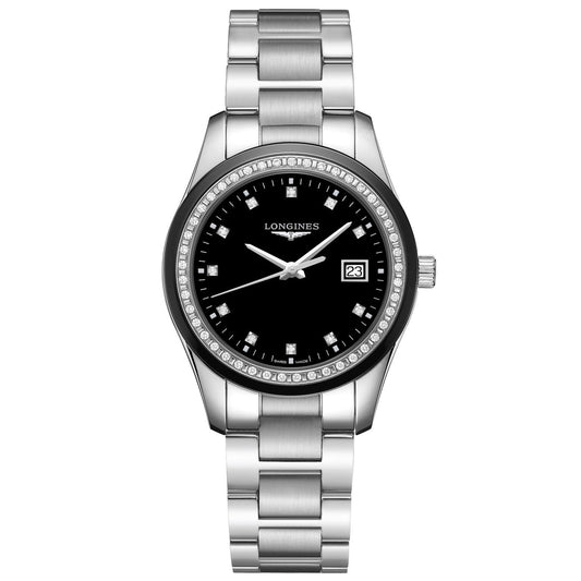 Longines orologio Conquest Classic 36mm nero diamanti quarzo acciaio L2.387.0.57.6