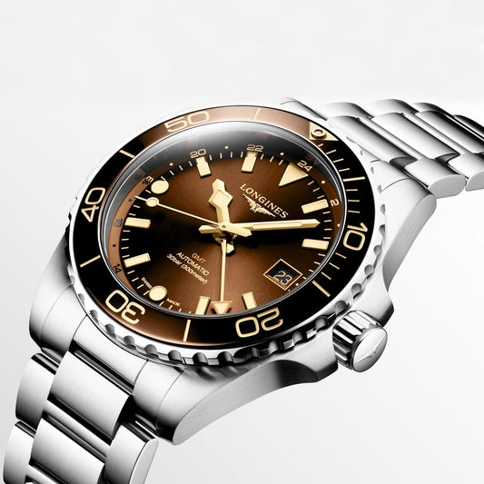 Longines orologio Hydroconquest GMT 41mm marrone automatico acciaio L3.790.4.66.6