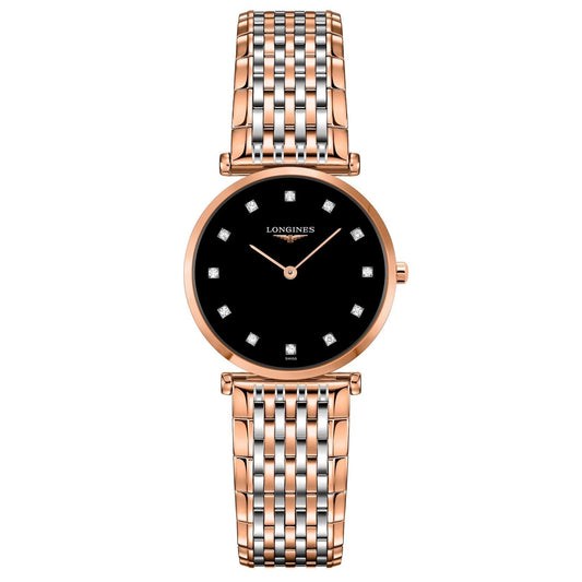Longines orologio La Grande Classique de Longines 29mm nero diamanti quarzo acciaio finitura PVD oro rosa L4.512.1.57.7