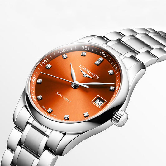 Longines orologio Master Collection 34mm arancione diamanti automatico acciaio L2.357.4.08.6