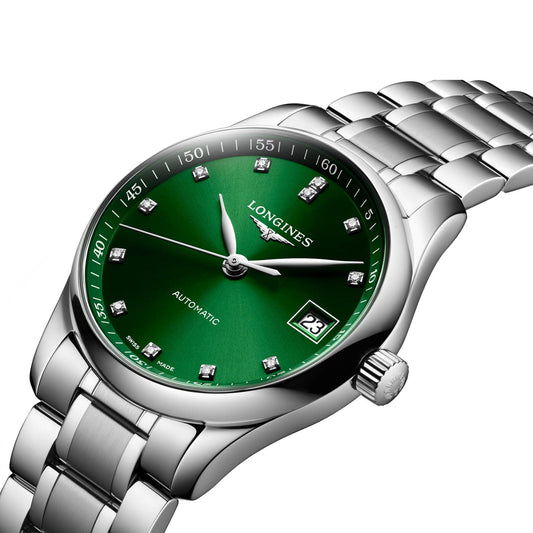 Longines orologio Master Collection 34mm verde diamanti automatico acciaio L2.357.4.99.6