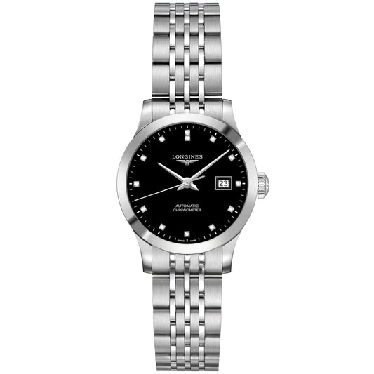 Longines orologio Record collection 30mm nero diamanti automatico COSC acciaio L2.321.4.57.6