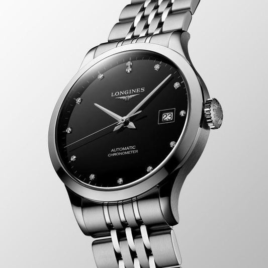 Longines orologio Record collection 40mm nero diamanti automatico COSC acciaio L2.821.4.57.6
