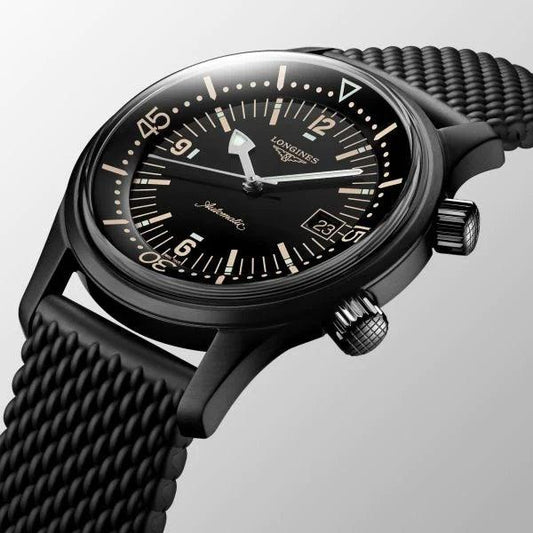 Longines orologio The Longines Legend Diver Watch 42mm nero automatico acciaio finitura PVD nero L3.774.2.50.9