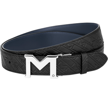 Montblanc cintura 35mm con fibbia M in pelle nera/blu reversibile misura regolabile 128787