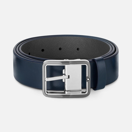 Montblanc 35mm belt with rectangular buckle in blue/grey leather reversible adjustable size 131193