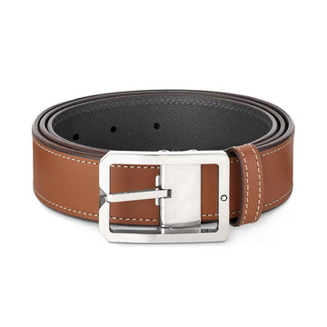 Montblanc 35mm belt with rectangular buckle in brown/grey leather reversible adjustable size 131164