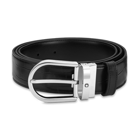 Montblanc cintura 35mm fibbia ferro di cavallo reversibile pelle nera liscia e stampata 130016