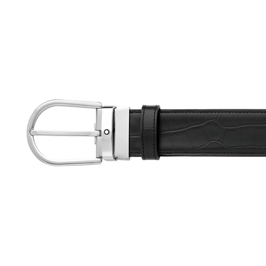 Montblanc cintura 35mm fibbia ferro di cavallo reversibile pelle nera liscia e stampata 130016