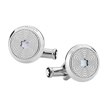 Montblanc round cufflinks in steel with variable star motif and mother-of-pearl emblem 123808