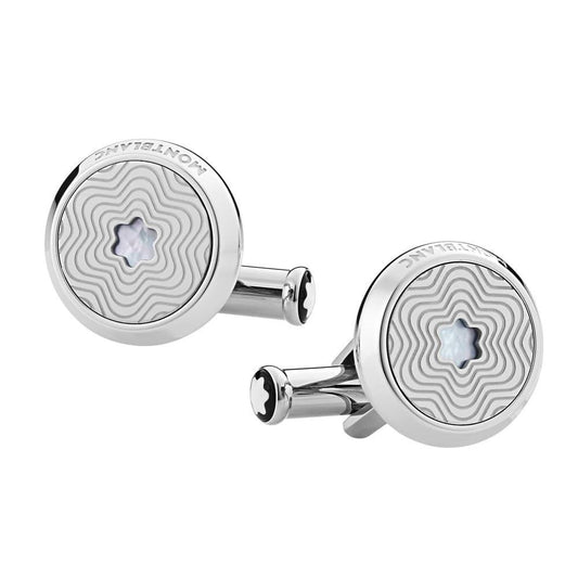 Montblanc round cufflinks in steel with variable star motif and mother-of-pearl emblem 123808